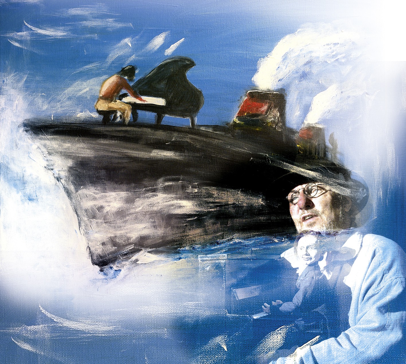 Surreales Bild eines Schiffs mit einem Pianisten auf dem Bug, dazu schemenhafte Gesichter in Blau-Weiß-Tönen.