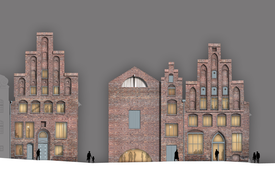 Dieses Bild zeigt eine architektonische Visualisierung von drei historischen Backsteingebäuden mit typisch norddeutschen Giebelfassaden.